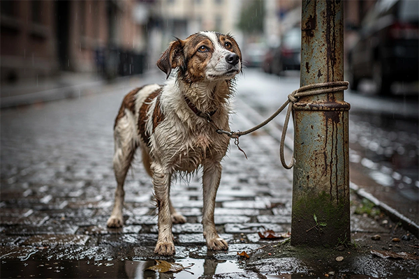 Image d'un chien attaché à un lampadaire (IA generated)